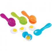 Four colorful plastic spoons with four plastic eggshells filled with beanbag yolks.
