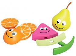 Three plastic fruits for sensory play.